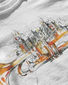 Erkek Beyaz Relaxed Fit %100 Pamuk Tişört – Soyut Trompet & Şehir Silueti Baskılı thumbnail 3