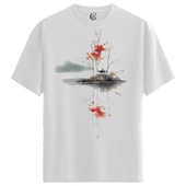 Erkek Beyaz Relaxed Fit %100 Pamuk Tişört – Suluboya Sonbahar Yaprakları Baskılı thumbnail 4