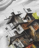 Erkek Beyaz Relaxed Fit %100 Pamuk Tişört – Suluboya Ağaç Ev Büyük Ön Baskılı thumbnail 3