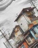 Erkek Beyaz Relaxed Fit %100 Pamuk Tişört – Suluboya & Çizgisel Sokak Ev Baskılı thumbnail 3