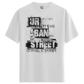 Erkek Beyaz Relaxed Fit %100 Pamuk Tişört – Urban Graffiti Tipografi Büyük Ön Baskılı thumbnail 4