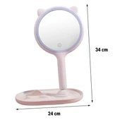 BUFFER® Kedi Kulaklı Telefon Standlı Yuvarlak Dokunmatik Led Ayarlı Masa Üstü Makyaj Aynası thumbnail 3