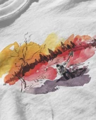 Erkek Beyaz Relaxed Fit %100 Pamuk Tişört – Suluboya Günbatımı & Balıkçı Manzara Baskılı thumbnail 3