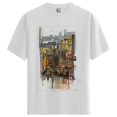 Erkek Beyaz Relaxed Fit %100 Pamuk Tişört – Suluboya Sokak & Şehir İllüstrasyonu Baskı thumbnail 4