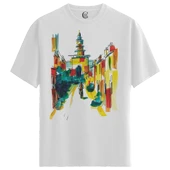Erkek Beyaz Relaxed Fit %100 Pamuk Tişört – Suluboya Şehir Sokak & Kule İllüstrasyonu Baskılı thumbnail 4