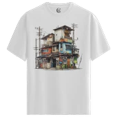 Erkek Beyaz Relaxed Fit %100 Pamuk Tişört – Suluboya & Çizgisel Sokak Ev Baskılı thumbnail 4