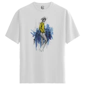 Erkek Beyaz Relaxed Fit %100 Pamuk Tişört – Suluboya & Çizgisel Model Baskılı thumbnail 4