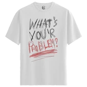 Erkek Beyaz Relaxed Fit %100 Pamuk Tişört – “WHAT’S YOUR PROBLEM?” Karakalem Tipografi Baskılı thumbnail 4