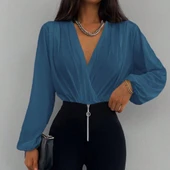 Kadın Uzun Kollu Kruvaze Yaka Sandy Bluz thumbnail 2