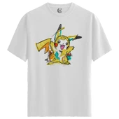 Erkek Beyaz Relaxed Fit %100 Pamuk Tişört – Pikachu Karakter Büyük Ön Baskılı thumbnail 4