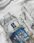 Erkek Beyaz Relaxed Fit %100 Pamuk Tişört – Mavi Kafe & Sokak İllüstrasyonu thumbnail 3