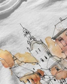 Erkek Beyaz Relaxed Fit %100 Pamuk Tişört – Mürekkep Şehir Kule İllüstrasyonu thumbnail 3