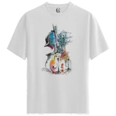 Erkek Beyaz Relaxed Fit %100 Pamuk Tişört – Suluboya Keman & Şehir İllüstrasyonu Baskılı thumbnail 4