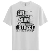 Erkek Beyaz Relaxed Fit %100 Pamuk Tişört – Urban Graffiti Tipografi Büyük Ön Baskılı thumbnail 4