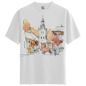 Erkek Beyaz Relaxed Fit %100 Pamuk Tişört – Mürekkep Şehir Kule İllüstrasyonu thumbnail 4