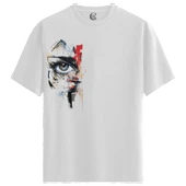 Erkek Beyaz Relaxed Fit %100 Pamuk Tişört – Soyut Göz & Mürekkep Baskılı thumbnail 4