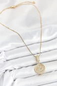 316L Çelik Zirkon Taşlı Çember Model Gold Renk Kadın Kolye - 2