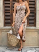 Kadın Ip Askılı Desenli Yırtmaçlı Süprem Midi Elbise thumbnail 1