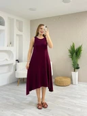 Kadın Askılı Yuvarlak Yakalı Asimetrik Kesim Detaylı Viskon Elbise thumbnail 1