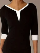 Kadın Truvakarkol V Yakalı Blok Renkli Kısa Janjan Krep Elbise thumbnail 2