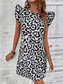 Kadın Kısa Kollu Kolları Fırfır Detay Arkası Bağlamalı Leopar Desen Kolsuz Mini Mikro Elbise thumbnail 3