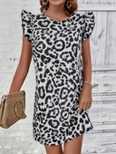 Kadın Kısa Kollu Kolları Fırfır Detay Arkası Bağlamalı Leopar Desen Kolsuz Mini Mikro Elbise thumbnail 1
