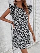 Kadın Kısa Kollu Kolları Fırfır Detay Arkası Bağlamalı Leopar Desen Kolsuz Mini Mikro Elbise thumbnail 4