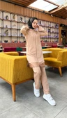 Fermuarlı Kapşonlu Dantel Desenli Tunik Pantolon İkili Spor Takım - (38-46) - 71158 - Bej thumbnail 4