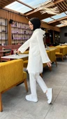 Fermuarlı Kapşonlu Dantel Desenli Tunik Pantolon İkili Spor Takım - (38-46) - 71158 - Krem thumbnail 3
