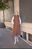 Kapşonlu Çıtçıtlı Kolsuz Cepli Uzun Kapitone Yelek - (38-46) - 71195 - Kahverengi - 1