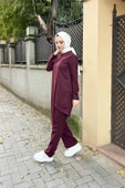 Kruvaze Bisiklet Yaka Sade Basic Tunik Panolon İkili Takım - 03076-1.020 - Mürdüm thumbnail 6
