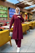 Önden İki Cepli Sade Basic Uzun Tunik Pantolon İkili Spor Takımı - 03067-1.009 - Bordo thumbnail 3