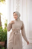 Balıkçı Yaka Belden Bağcıklı Fermuarlı İkili Tesettür Eşofman Takımı - (38-46) - 71301 - Bej thumbnail 3