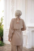 Balıkçı Yaka Belden Bağcıklı Fermuarlı İkili Tesettür Eşofman Takımı - (38-46) - 71301 - Bej thumbnail 7