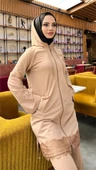 Fermuarlı Kapşonlu Dantel Desenli Tunik Pantolon İkili Spor Takım - (38-46) - 71158 - Bej thumbnail 6