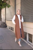Kapşonlu Çıtçıtlı Kolsuz Cepli Uzun Kapitone Yelek - (38-46) - 71195 - Kahverengi - 8