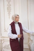 Kapşonlu Fermuarlı Cepli Kolsuz Önden Cepli Kapitone Uzun Yelek - (38-46) - 71309 - Bordo - 2