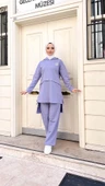 Kapşonlu Yırtmacı Bağcık Detaylı Pamuklu Tesettür Eşofman Takımı - (38-46) - 71168 - Lila thumbnail 7
