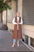 Kapşonlu Çıtçıtlı Kolsuz Cepli Uzun Kapitone Yelek - (38-46) - 71195 - Kahverengi - 7