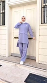 Kapşonlu Yırtmacı Bağcık Detaylı Pamuklu Tesettür Eşofman Takımı - (38-46) - 71168 - Lila thumbnail 1