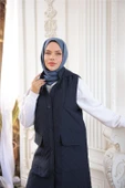 Kapşonlu Düğmeli Kolsuz Cepli Kapitone Uzun Yelek - (38-46) - 71308 - Lacivert - 4