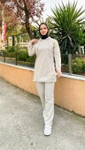 Kapşonlu O Yaka Sade Basic İkili Eşofman Spor Takımı - 03039-1.027 - Ekru thumbnail 1