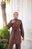 Balıkçı Yaka Belden Bağcıklı Fermuarlı İkili Tesettür Eşofman Takımı - (38-46) - 71301 - Kahverengi thumbnail 5