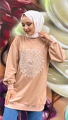 Papatya Taş Detaylı Nakış Baskılı Sweatshirt - (38-46) - 71143 - Bej thumbnail 8