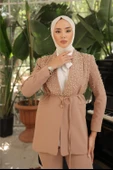 Belden Bağlamalı İncili Ceket Takımı - (38-46) - 71193 - Bej thumbnail 6
