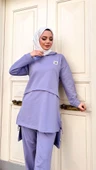 Kapşonlu Yırtmacı Bağcık Detaylı Pamuklu Tesettür Eşofman Takımı - (38-46) - 71168 - Lila thumbnail 3