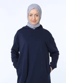Atlas Kapşonlu Uzun Sade Basic Sweatshirt - 03007-1.015 - Lacivert thumbnail 7