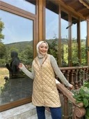 Despina Kapitone Fermuarlı Çıtçıtlı Kolsuz Yelek - (38-46) - 71150 - Bej - 3