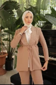 Belden Bağlamalı İncili Ceket Takımı - (38-46) - 71193 - Bej thumbnail 4