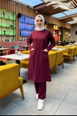Önden İki Cepli Sade Basic Uzun Tunik Pantolon İkili Spor Takımı - 03067-1.009 - Bordo thumbnail 1
